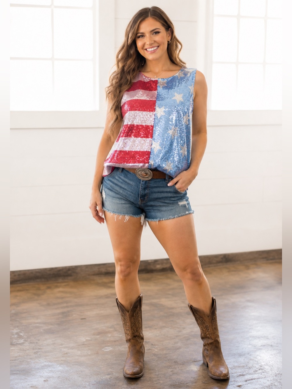 BiBi American Flag Sequin Tank Top – Patriotic Stars & Stripes – Size XL NWT